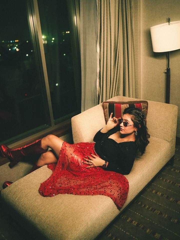 Anjali Arora — wedding & sangeet look | TKC Talent Anjali Arora in a red embellished lehenga skirt and black top during a Defence Colony, New Delhi event shoot — available for wedding sangeet and reception appearances.