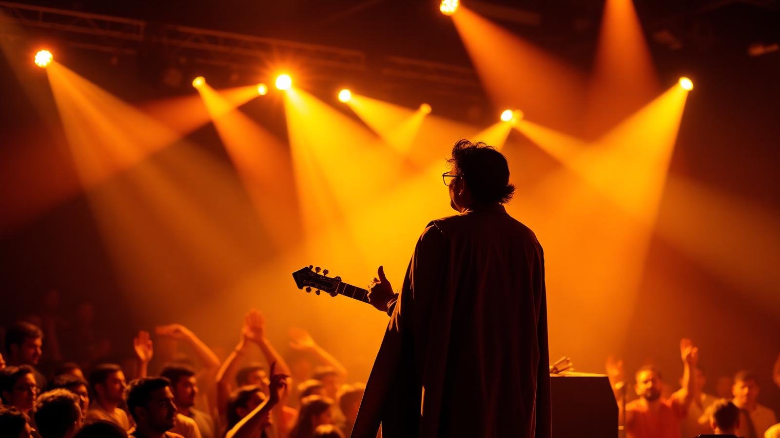 Indian musician performing on a live concert stage with golden lighting