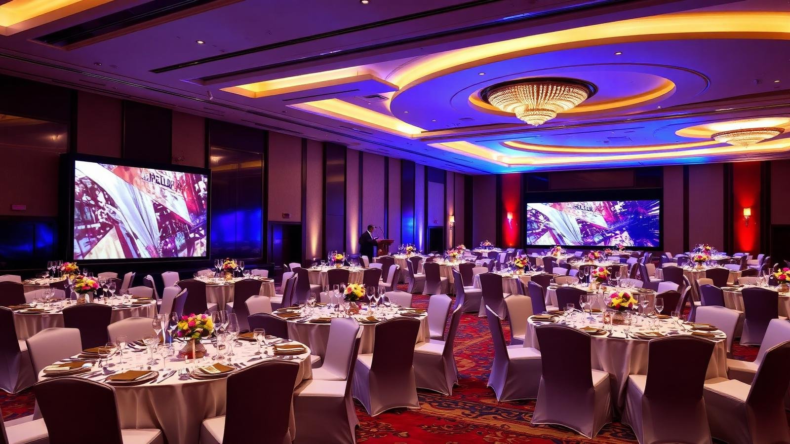 Elegant corporate gala dinner in a luxury Indian ballroom with stage and screens