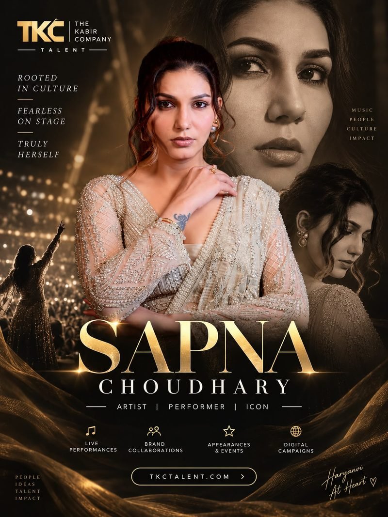Sapna Choudhary official artist poster — TKC Talent Official TKC Talent artist poster of Sapna Choudhary in an ivory embroidered saree with the tagline Rooted in Culture, Fearless on Stage.