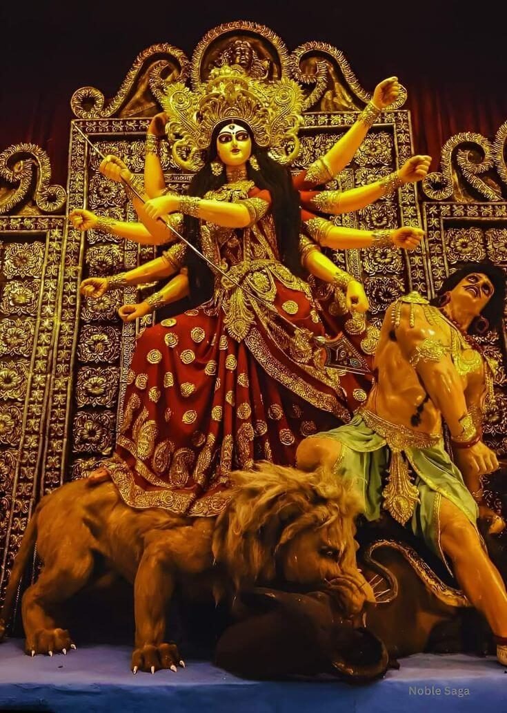 Traditional Mahishasuramardini Durga idol inside a decorated CR Park pandal, Durga Puja 2026 Delhi Traditional Mahishasuramardini Durga idol inside a decorated CR Park pandal, Durga Puja 2026 Delhi
