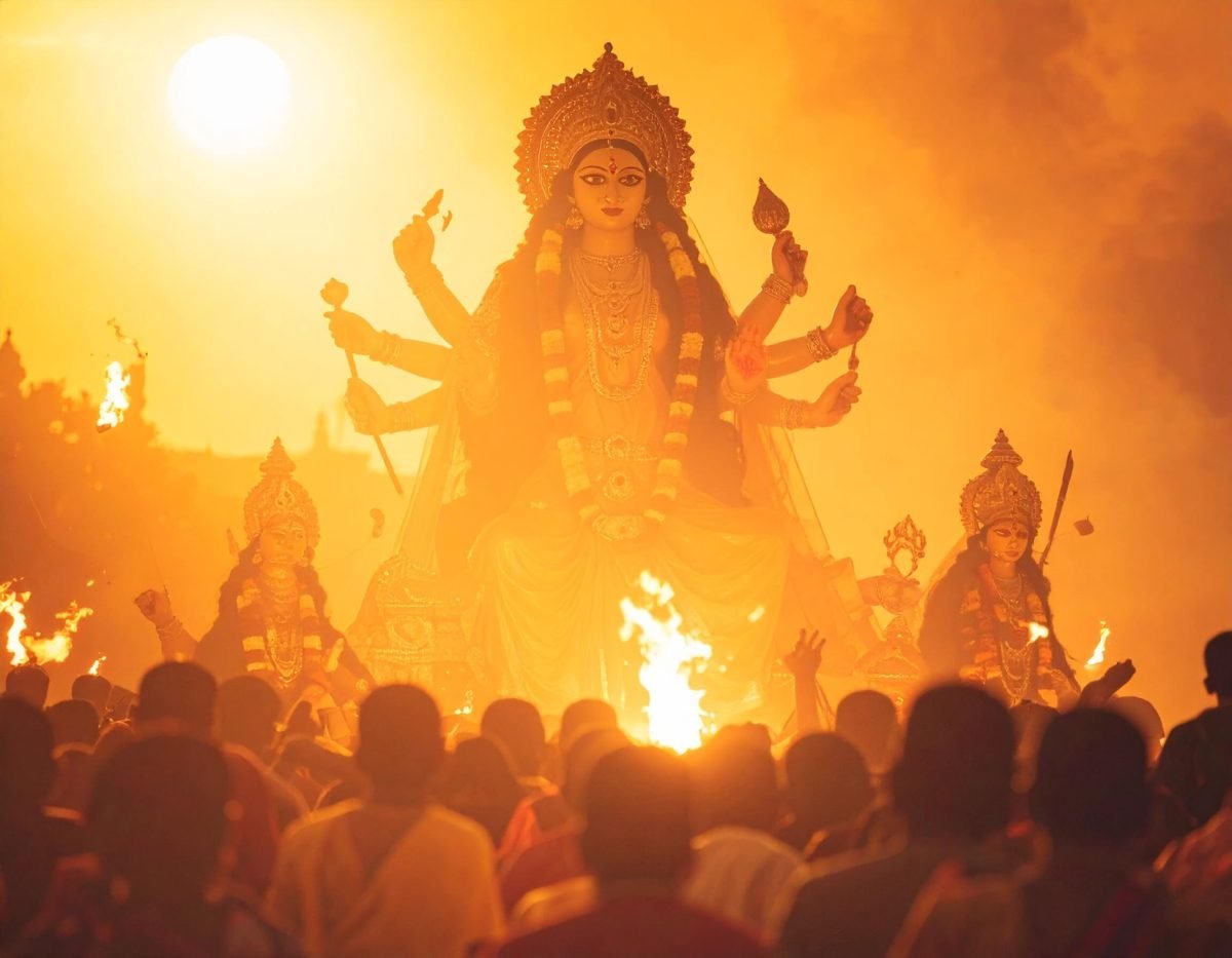 Devotees gathered before a towering Durga idol at a CR Park Durga Puja 2026 pandal in South Delhi Devotees gathered before a towering Durga idol at a CR Park Durga Puja 2026 pandal in South Delhi