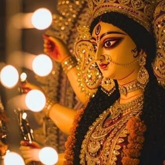 Evening aarti and dhunuchi lamps lighting up a CR Park Durga Puja pandal Evening aarti and dhunuchi lamps lighting up a CR Park Durga Puja pandal