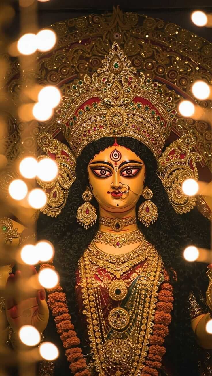 Durga idol framed by festive bokeh lights during Durga Puja 2026 evening aarti in Delhi Durga idol framed by festive bokeh lights during Durga Puja 2026 evening aarti in Delhi