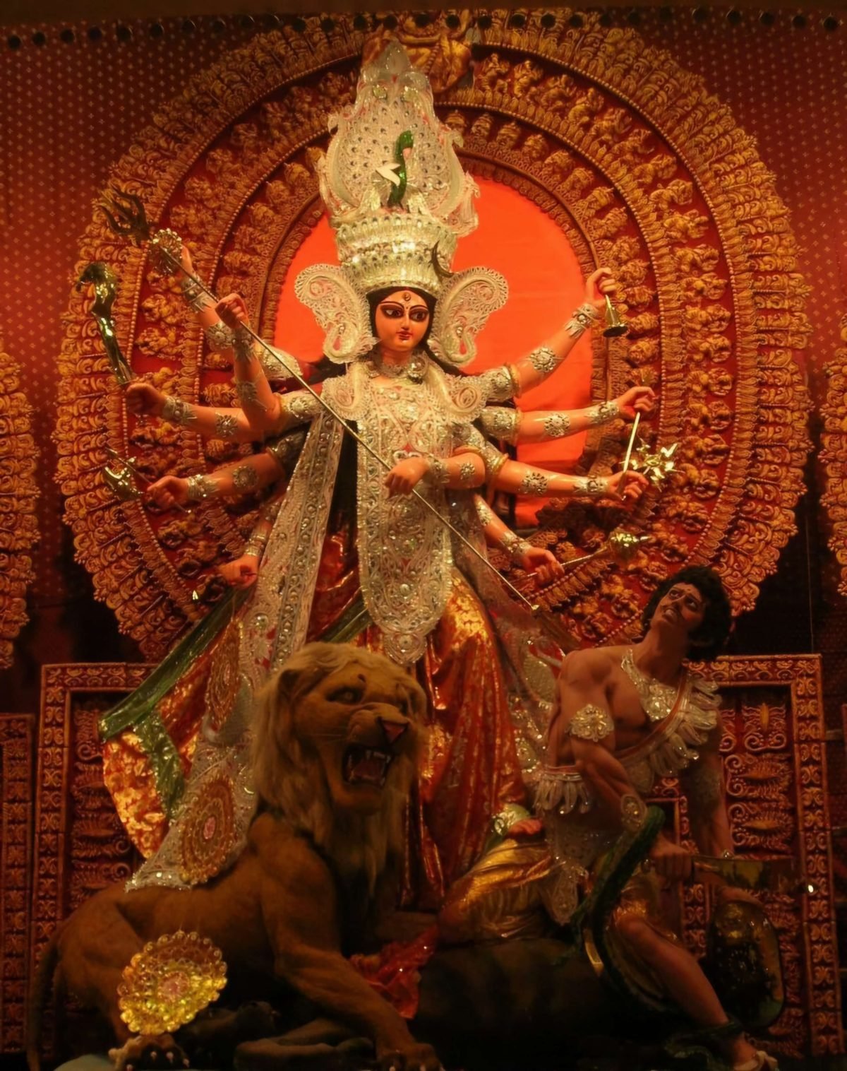 Mahishasuramardini Durga idol with lion and Mahishasura at a Delhi Durga Puja 2026 pandal Mahishasuramardini Durga idol with lion and Mahishasura at a Delhi Durga Puja 2026 pandal