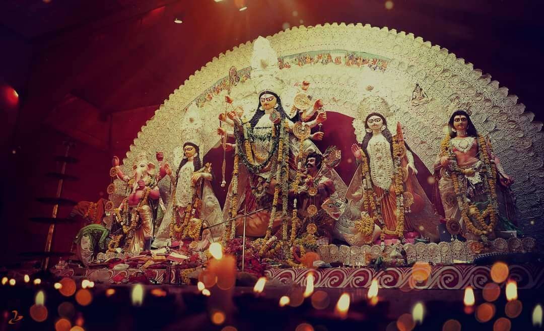 Illuminated themed Durga Puja pandal interior in Delhi with the full idol tableau Illuminated themed Durga Puja pandal interior in Delhi with the full idol tableau